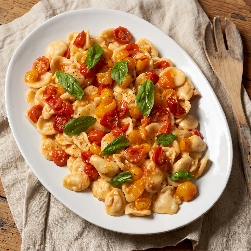 A white oval plate filled with cooked tortellini pasta in a light cream sauce, topped with halved cherry tomatoes in red and yellow, and fresh green basil leaves, set on a beige linen cloth with a wooden fork beside it.