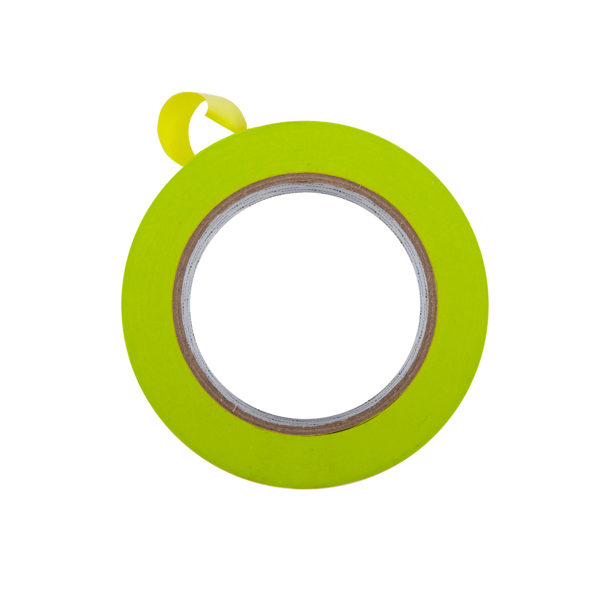 Green tape roll with a clear label on a white background