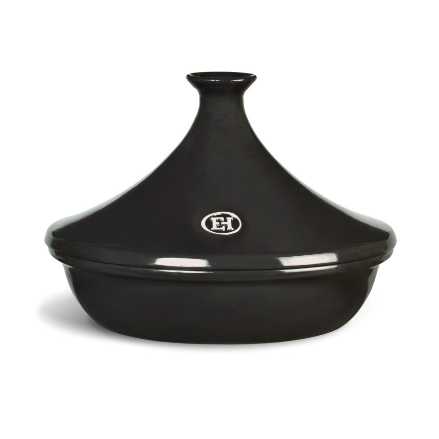 Black fusain ceramic tagine with a Emile Henry logo on a white background