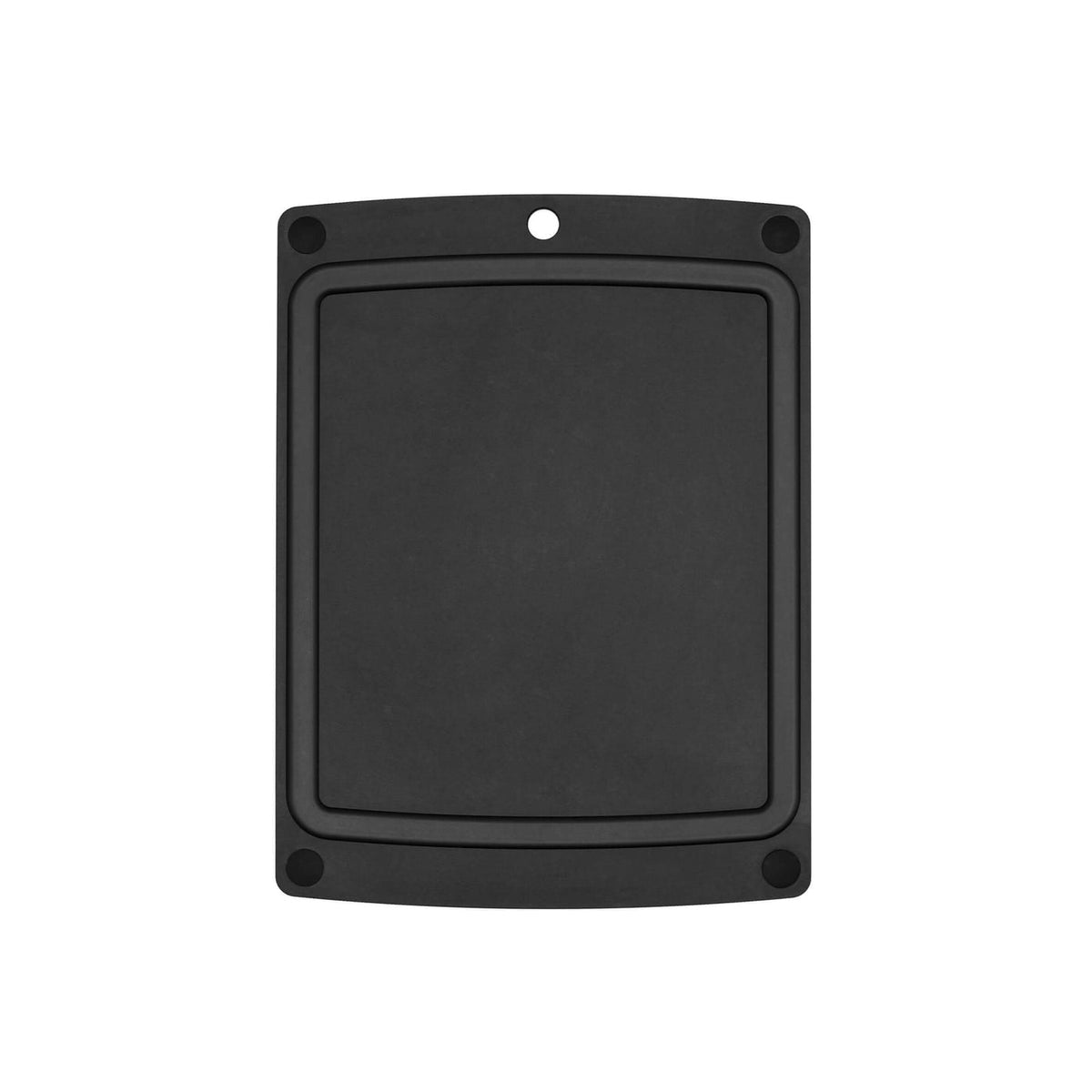 Black rectangular Epicurean all-in-one series cutting board with non-slip feet on a white background