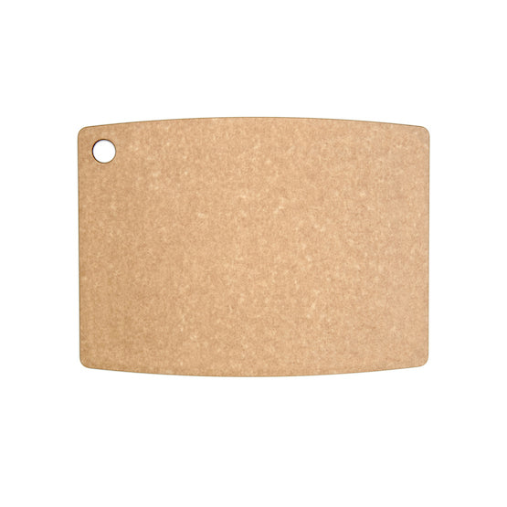 Brown natural Epicurean cutting board with a hole for hanging on a white background