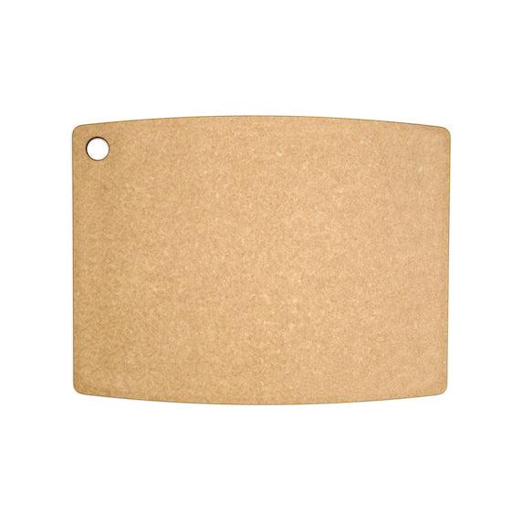 Natural Epicurean cutting board with a round hole on a white background