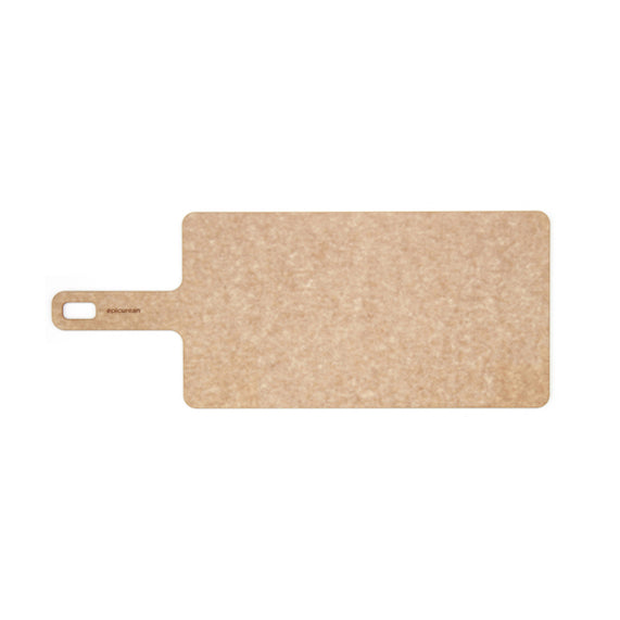 Beige Epicurean long cutting board with handle on a white background