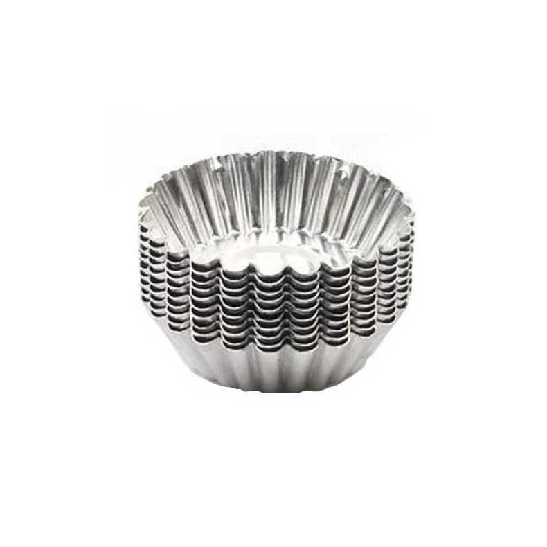 Stack of aluminum egg tart tins on a white background