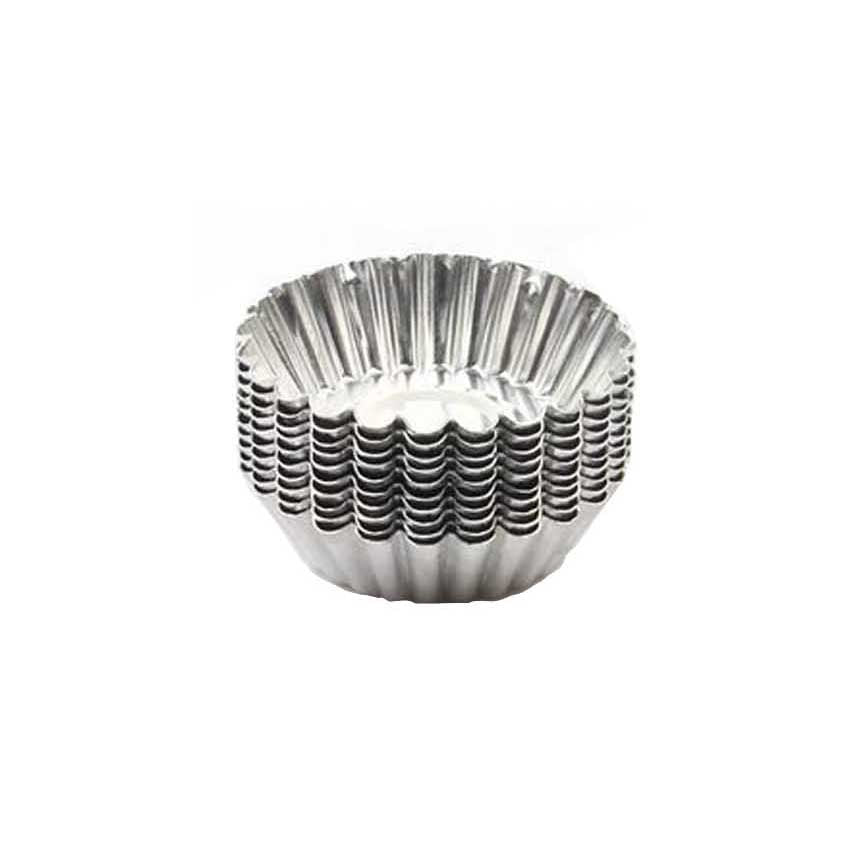 Stack of aluminum egg tart tins on a white background