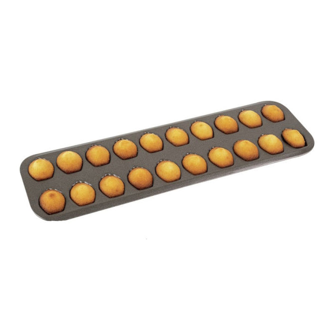 Gobel baking tray with 20 cavities containing small madeleine on a white background
