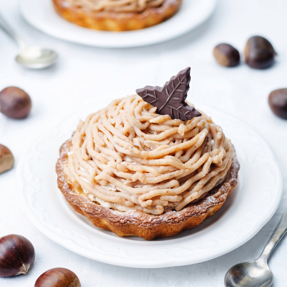 A beautifully piped chestnut custard mont blanc tart on a white plate, garnished with a dark chocolate leaf, surrounded by whole hazelnuts and spoons on a white surface.