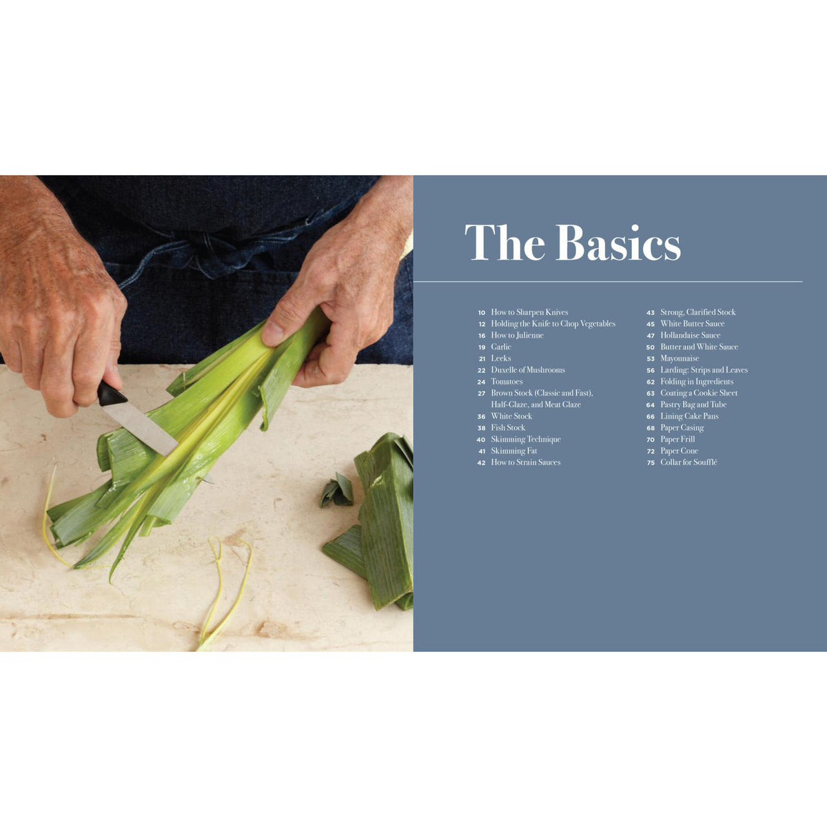 A split-page layout with a photo on the left showing a person's hands cutting green vegetables on a light surface, and a blue panel on the right headed 'The Basics' with a list of topics.