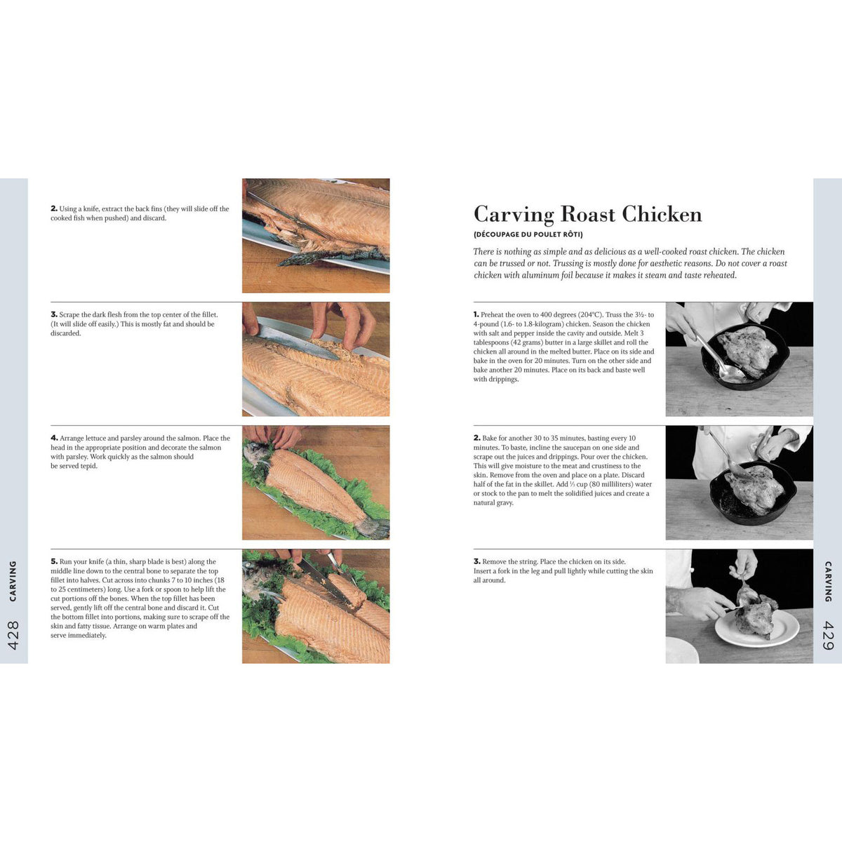 An open book spread showing pages 428 and 429 with text and photos about carving roast chicken. The left page has three color photos of a fish and step-by-step instructions, while the right page has one color photo of a person carving a roast chicken and one black-and-white photo of a carving knife and plate.