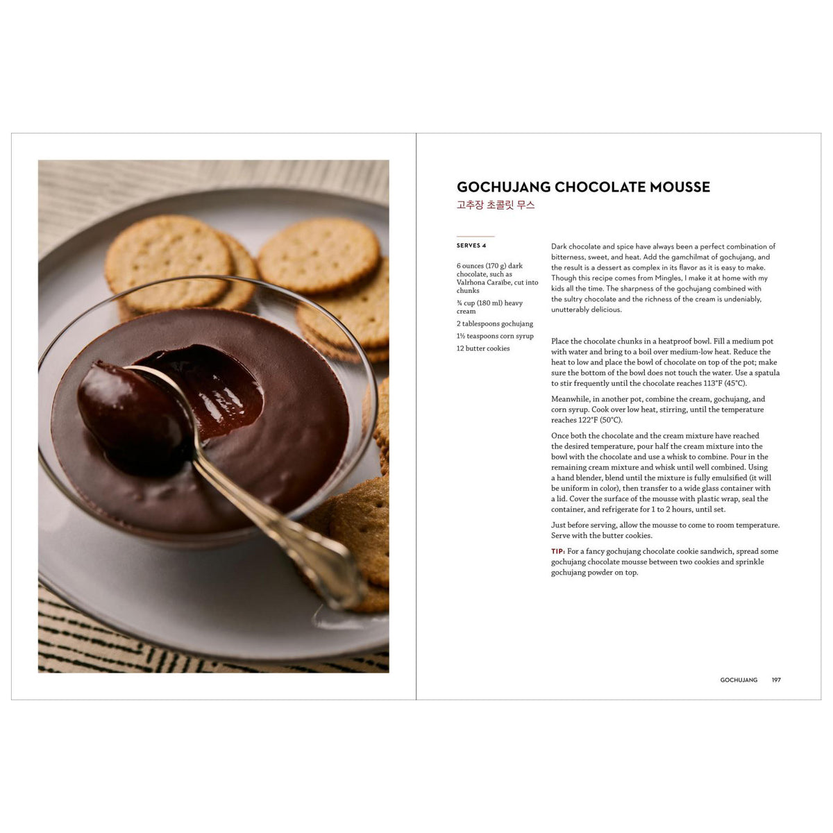 A printed recipe page for Gochujang Chocolate Mousse, featuring a photo of chocolate mousse in a glass bowl with cookies on a table, alongside English and Korean text instructions.