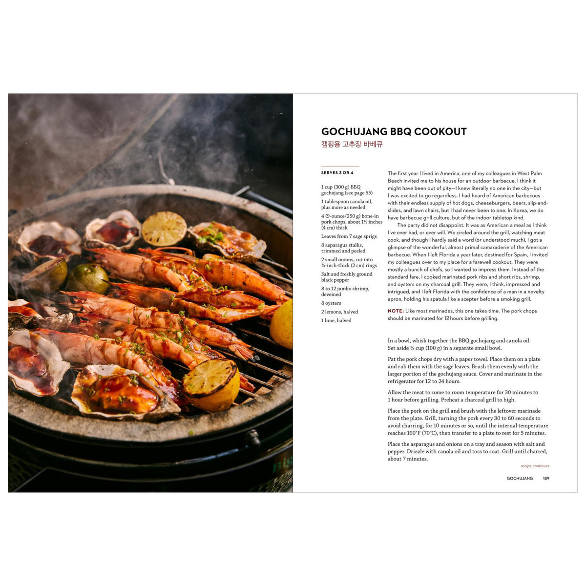 A printed recipe page titled 'GOCHUJJANG BBQ COOKOUT' with a large food photograph on the left showing grilled shrimp and vegetables, and recipe text on the right.