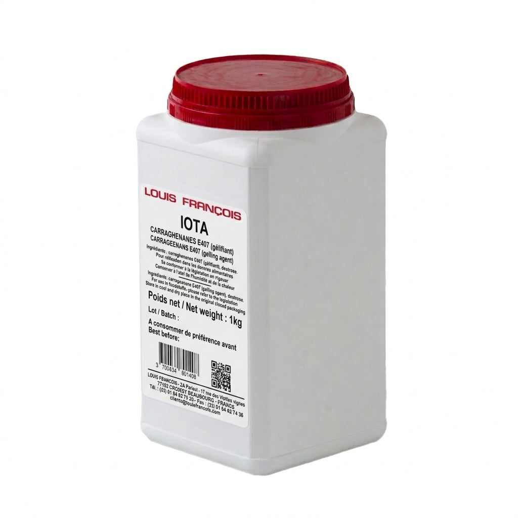 White container with red lid labeled 'Louis Francois Iota' on a white background