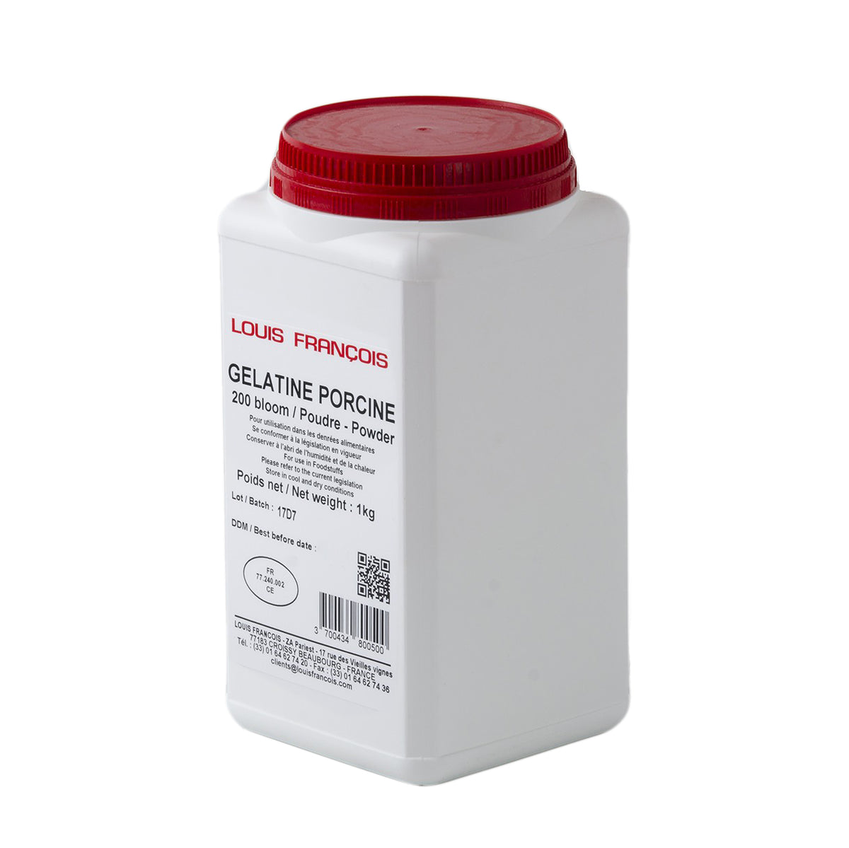 A white plastic container with a red lid labeled 'GELATINE PORCINE 200 Bloom Powder' indicating it is Louis Francois porcine gelatin powder.