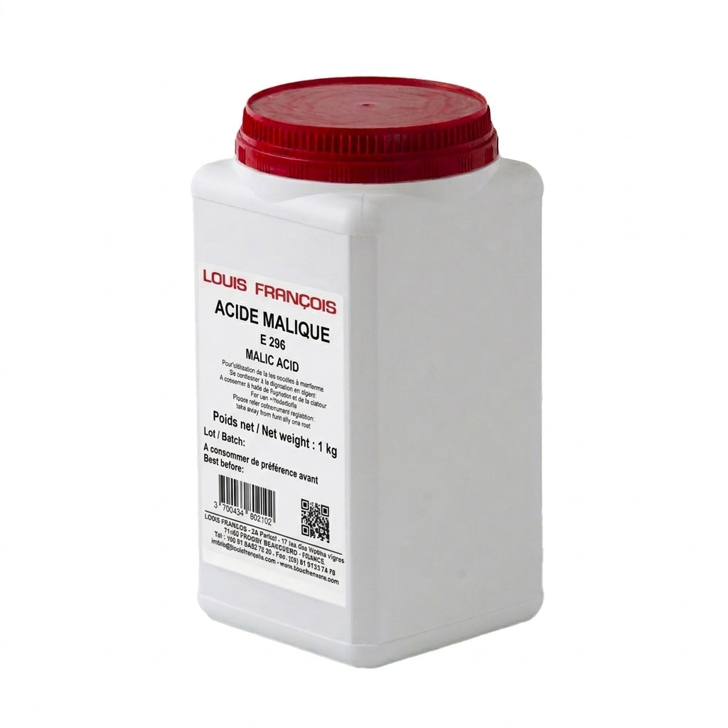 White container with red lid labeled 'Louis Francois Malic Acid' on a white background