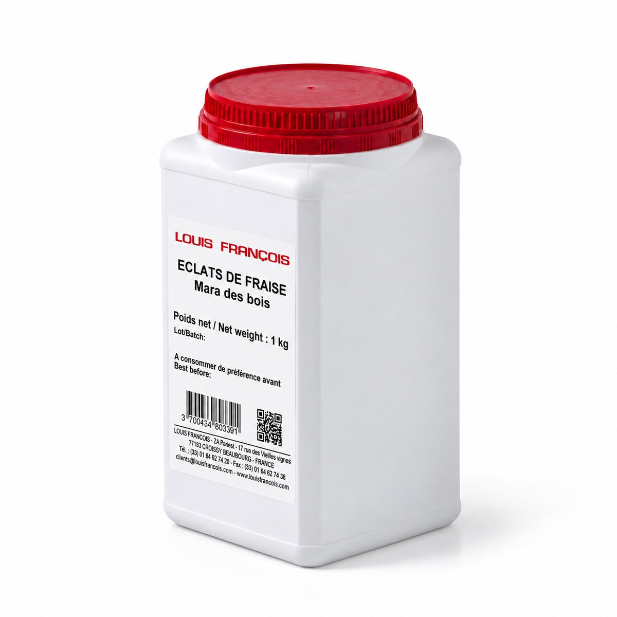 A white plastic container of Louis Francois Eclats de Fraise Mara des bois with a red lid, shown on a clean white background.