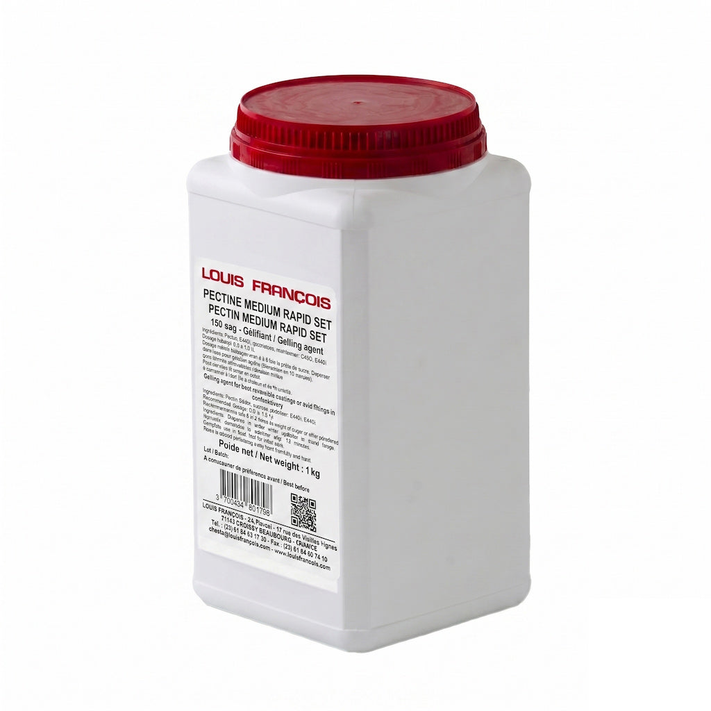 White container with red lid labeled 'Louis Francois Medium Rapid Set Pectin' on a white background