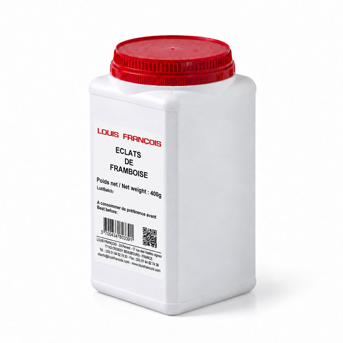 A white plastic container of Louis Francois Eclats de Framboise (raspberry pieces) with a red screw-on lid, shown on a clean white background.
