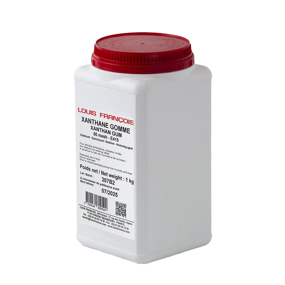 A plastic container labeled 'LOUIS FRANCOIS Xanthan Gum 80 Mesh' with a red lid, used as a thickener for smooth textures in culinary applications, displayed against a plain background.