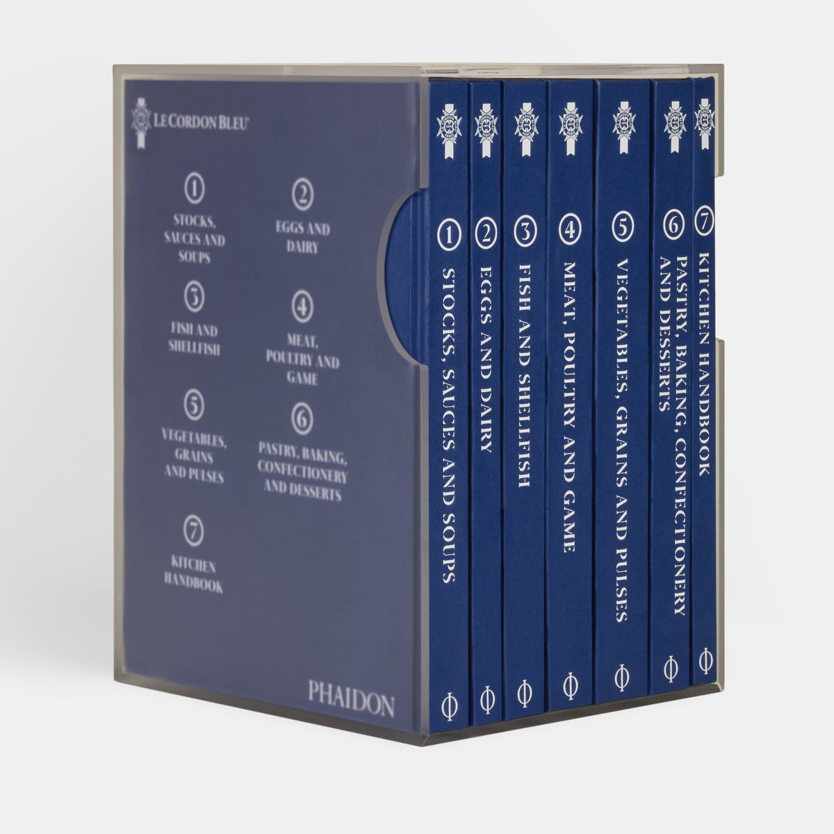 Set of blue books titled 'Le Cordon Bleu' by Phaidon on a white background