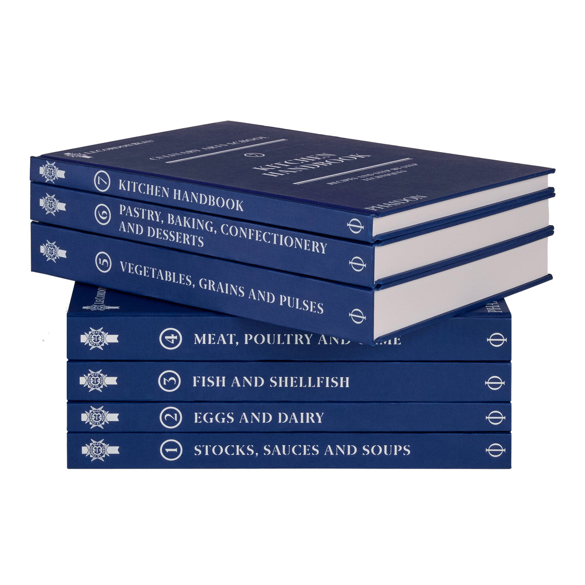 A stack of six navy blue Cordon Bleu cookbooks with white text on their spines, arranged on a plain white background. The titles visible include Kitchen Handbook, Pastry, Baking, Confectionery and Desserts, Vegetables, Grains and Pulses, Meat, Poultry and Fish, Fish and Shellfish, Eggs and Dairy, Stocks, Sauces and Soups.