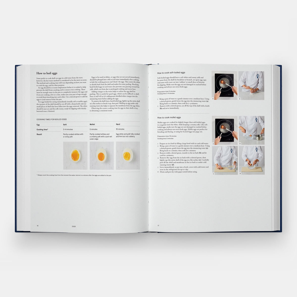 An open cookbook or recipe book spread showing printed instructions, text blocks, and small photos of eggs being cracked and cooked, photographed on a light gray background.
