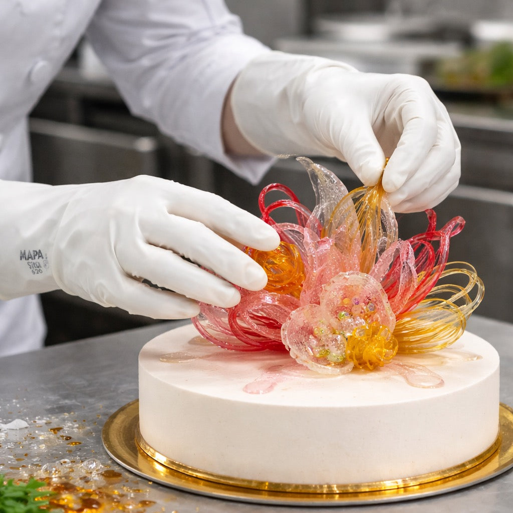 Chef decorating a cake with intricate red and orange floral sugar design with Vital 520 gloves in a kitchen setting.