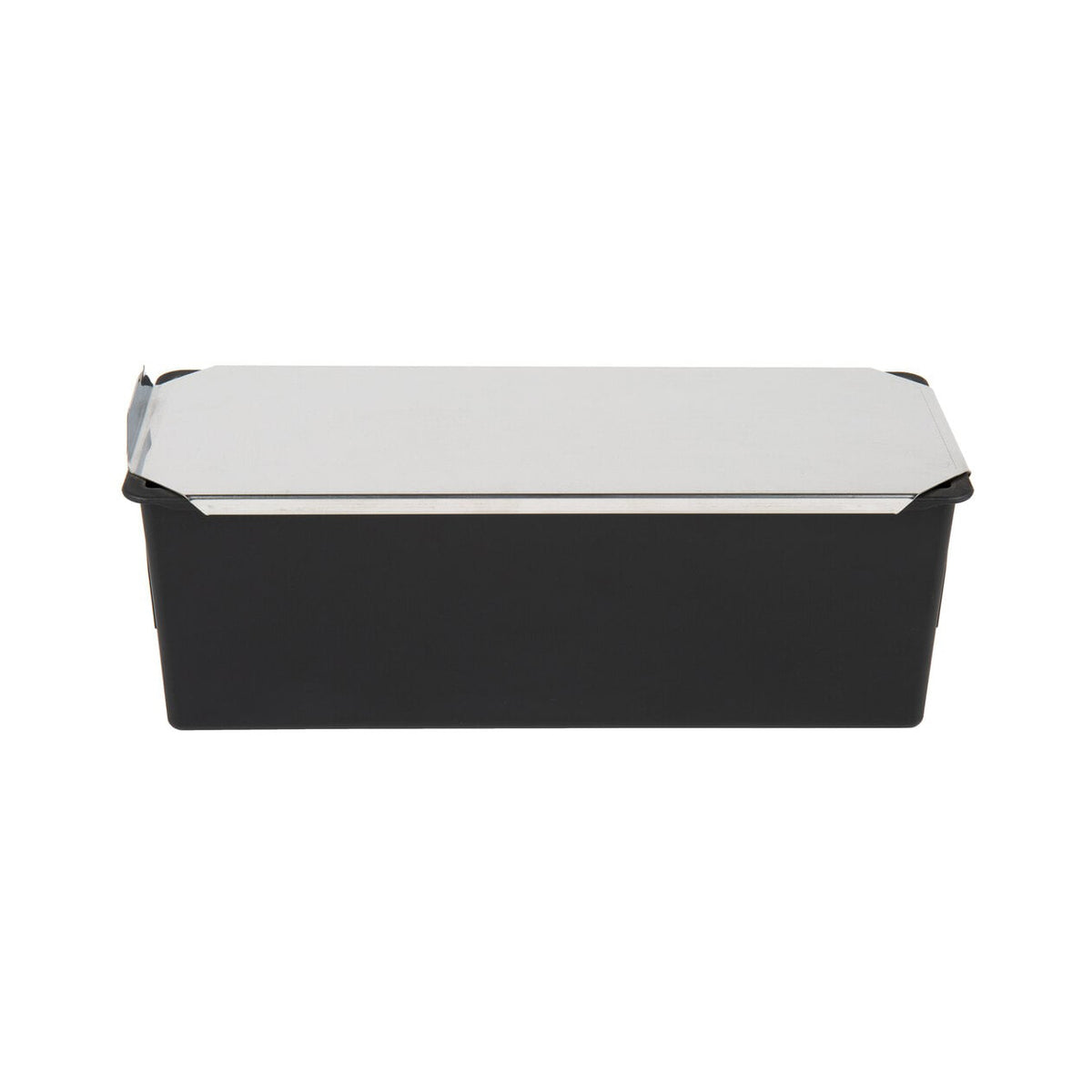 Black rectangular Matfer loaf pan with a white interior on a white background