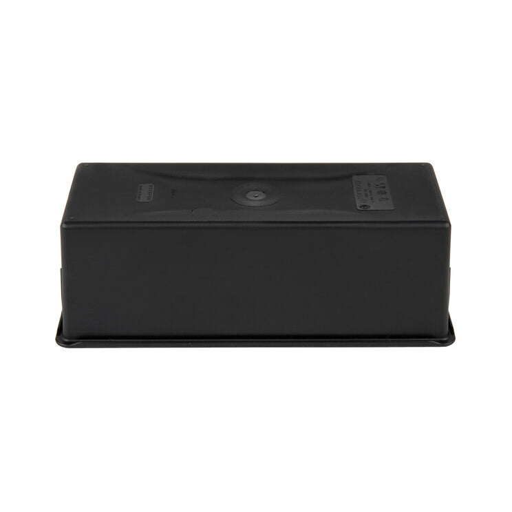 Bottom of the black rectangular Matfer loaf pan on a white background