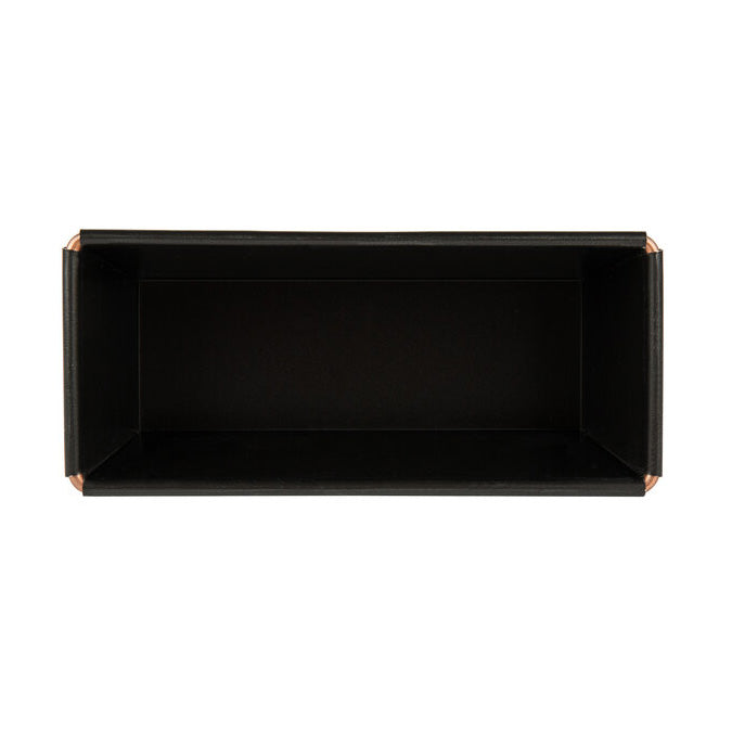 Black rectangular Matfer mould with copper lined corners on a white background