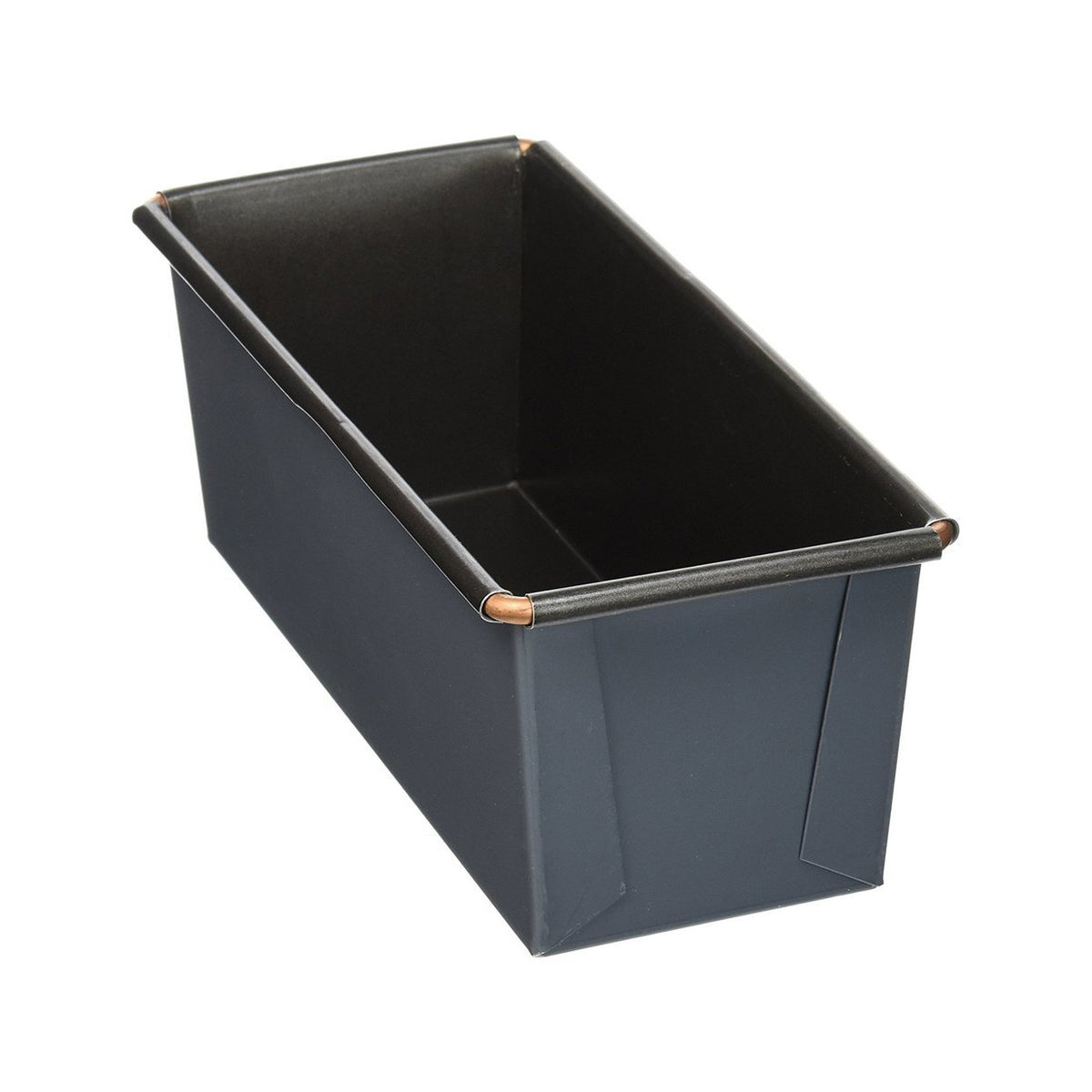 Black rectangular Matfer straight loaf cake pan on a white background