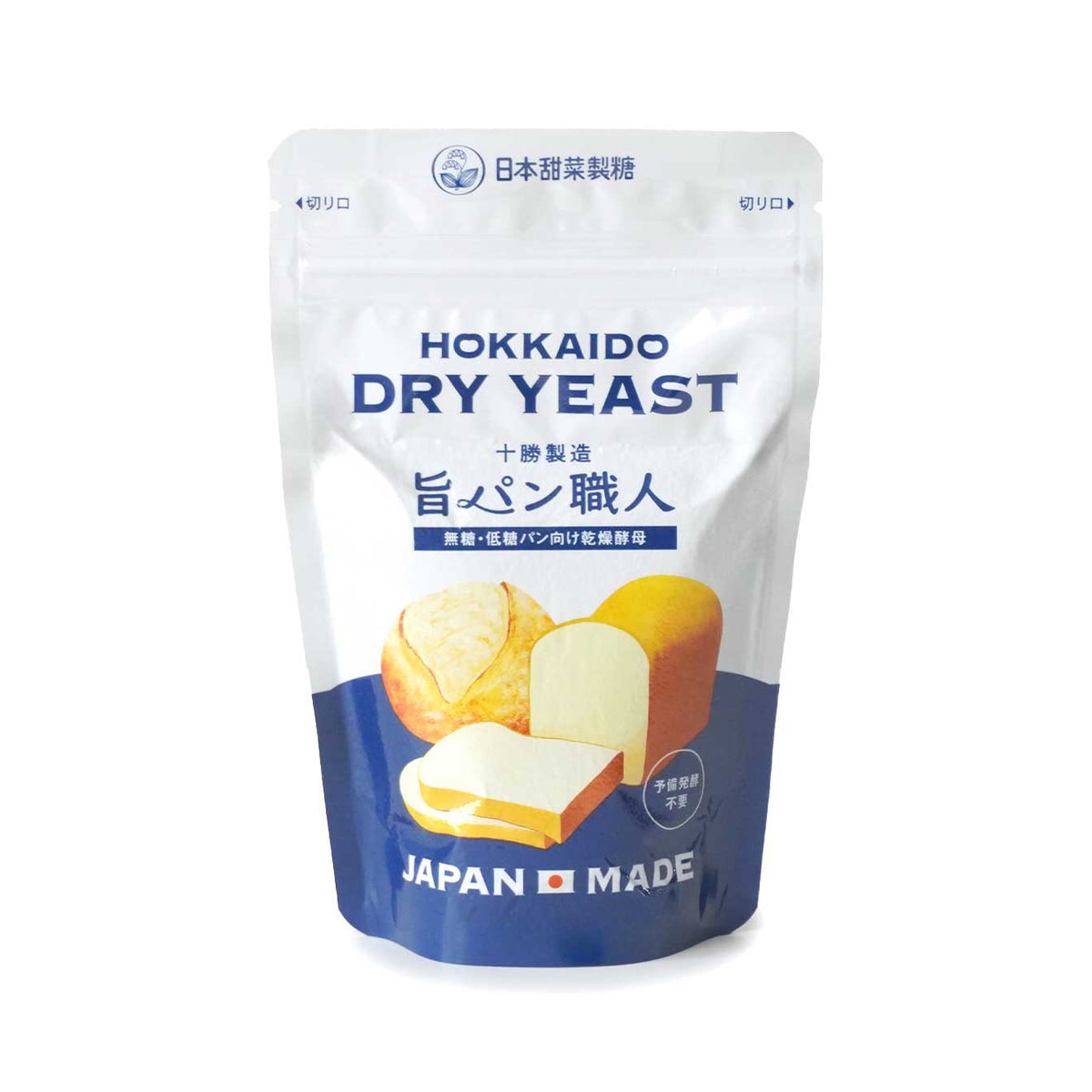 Hokkaido dry yeast package with bread images on a white background