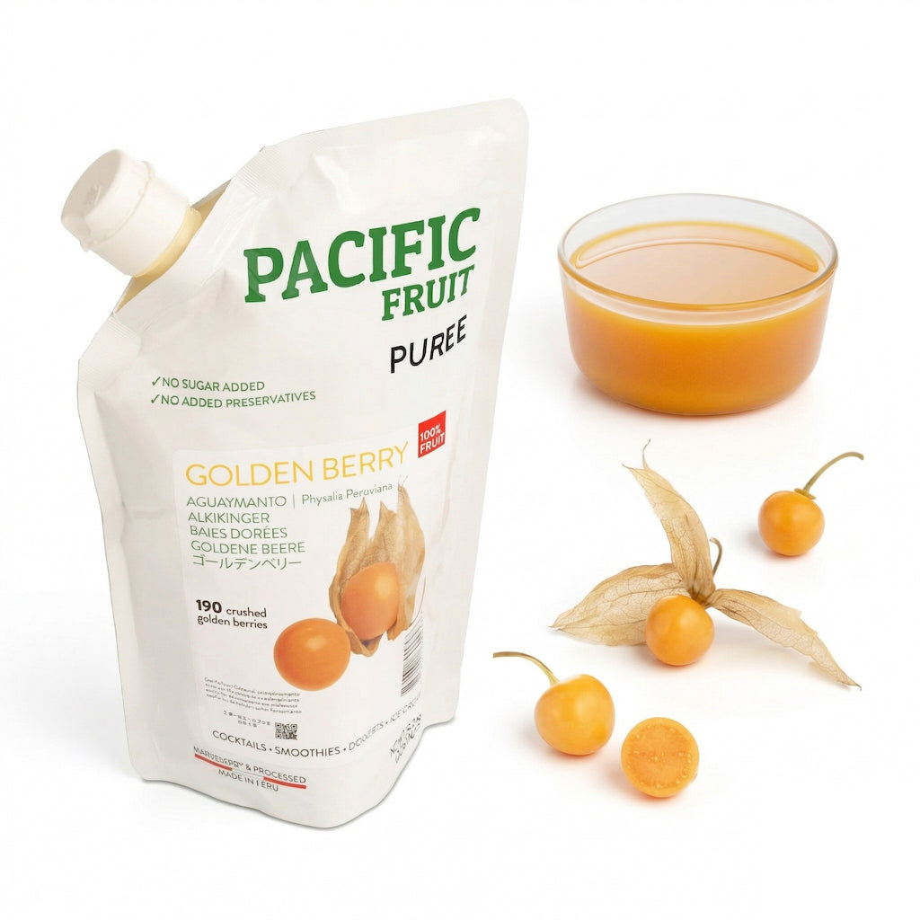 Pacific Fruit Puree Golden Berry packaging with a glass of puree and berries on a white background