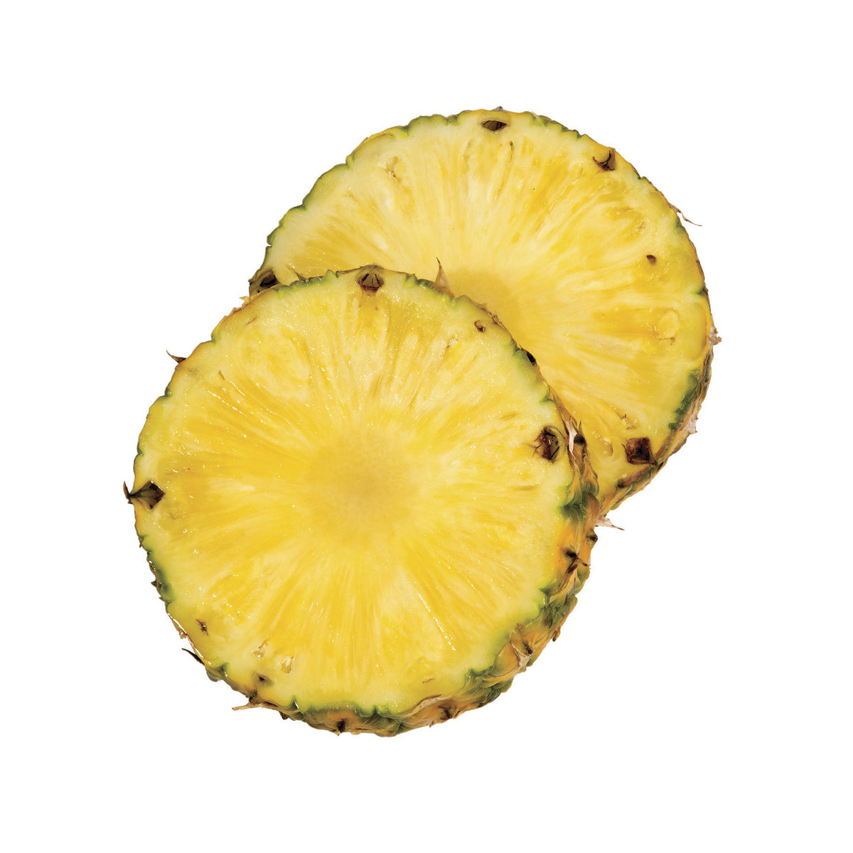 Two slices of pineapple on a white background