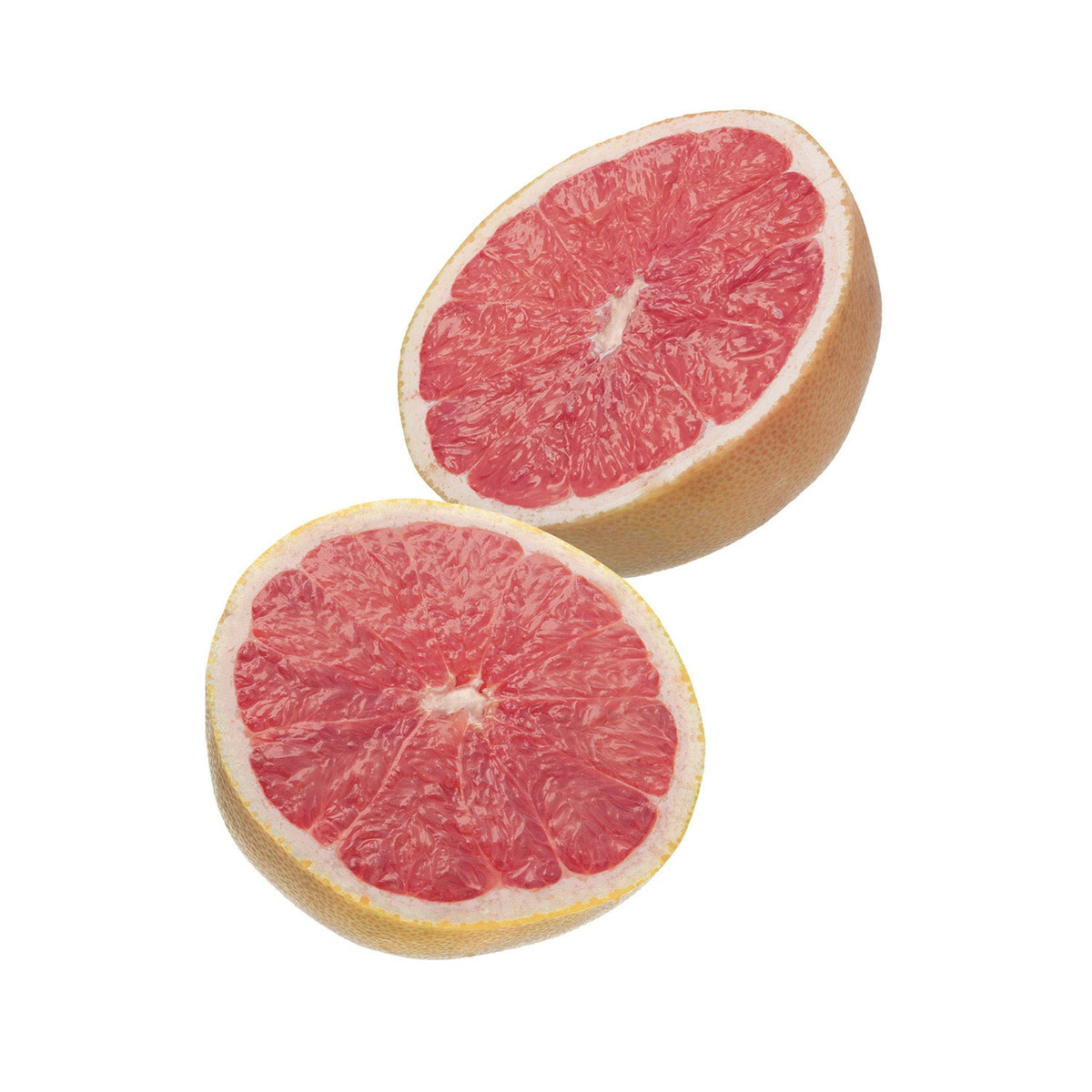 Two halves of a pink grapefruit on a white background