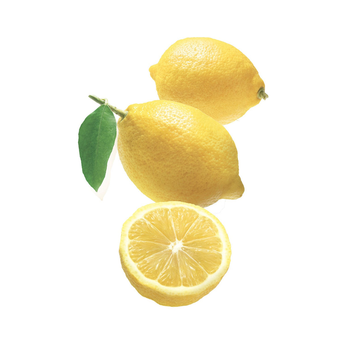 Three lemons, one sliced, on a white background