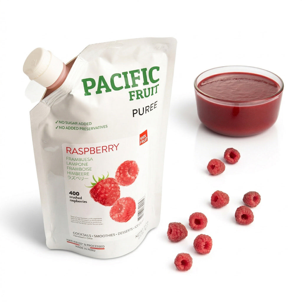 Pacific Fruit Raspberry Puree packaging with raspberries and puree on a white background