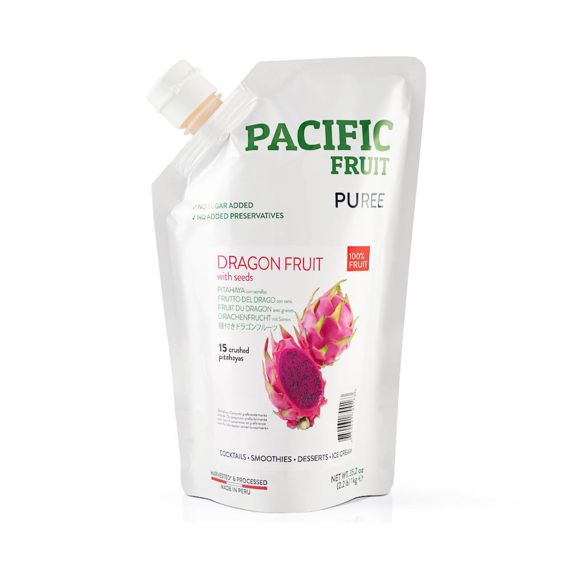 Pacific Fruit Puree Dragon Fruit with seed in a white resealable pouch with green and red text and a dragon fruit illustration, on a white background.