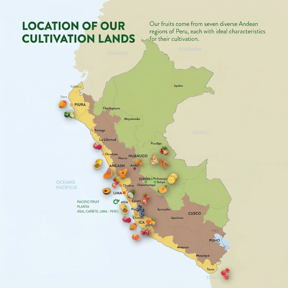 Map of Peru showing the location of cultivation lands with colored markers.