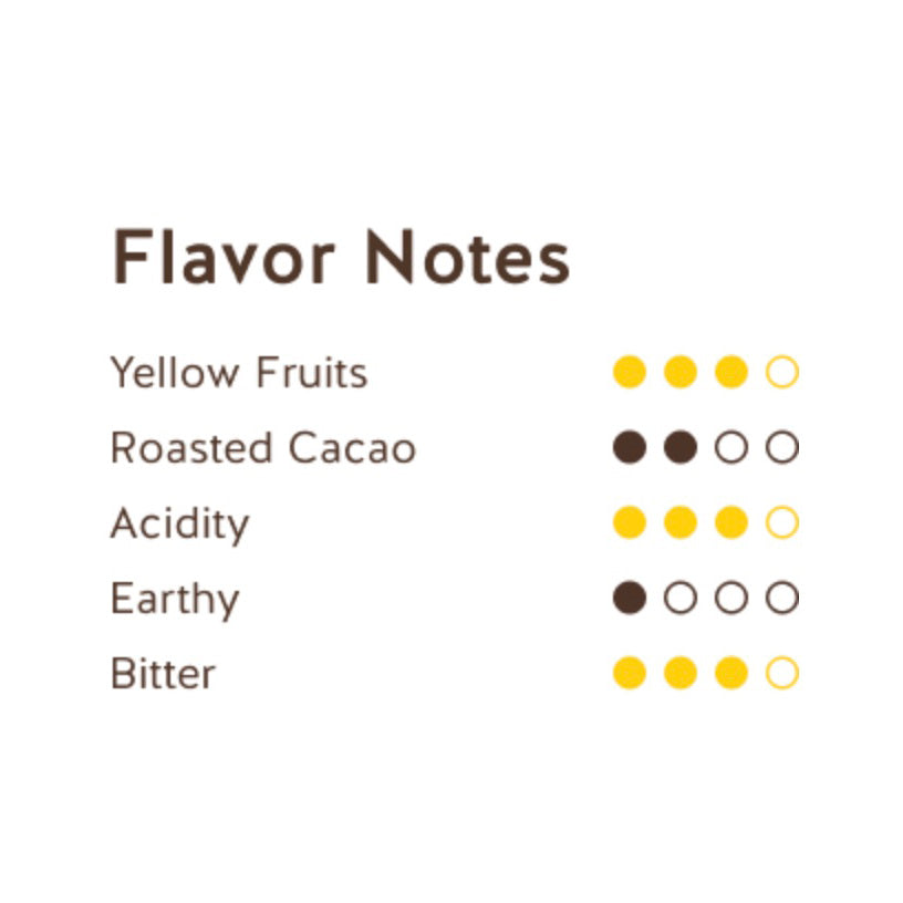 A flavor profile graphic titled 'Flavor Notes' on a white background, listing Yellow Fruits, Roasted Cacao, Acidity, Earthy, and Bitter, each with small colored dots indicating intensity.