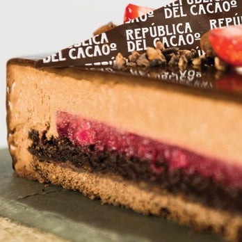 A close-up of a chocolate cake slice with a dark chocolate base, a thick brown cream layer, a pink berry filling, and a glossy chocolate ganache top decorated with chocolate shavings and a strawberry. The side of the cake is printed with the brand name 'REPUBLICA DEL CACAO'.