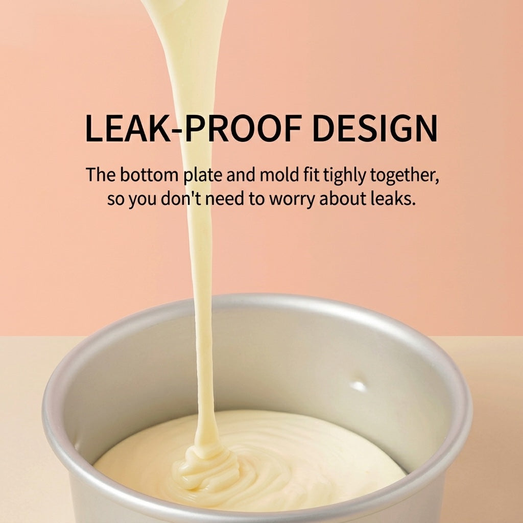 Leak-proof design of Sanneng removable bottom baking mold with cream being poured into it on a peach background.