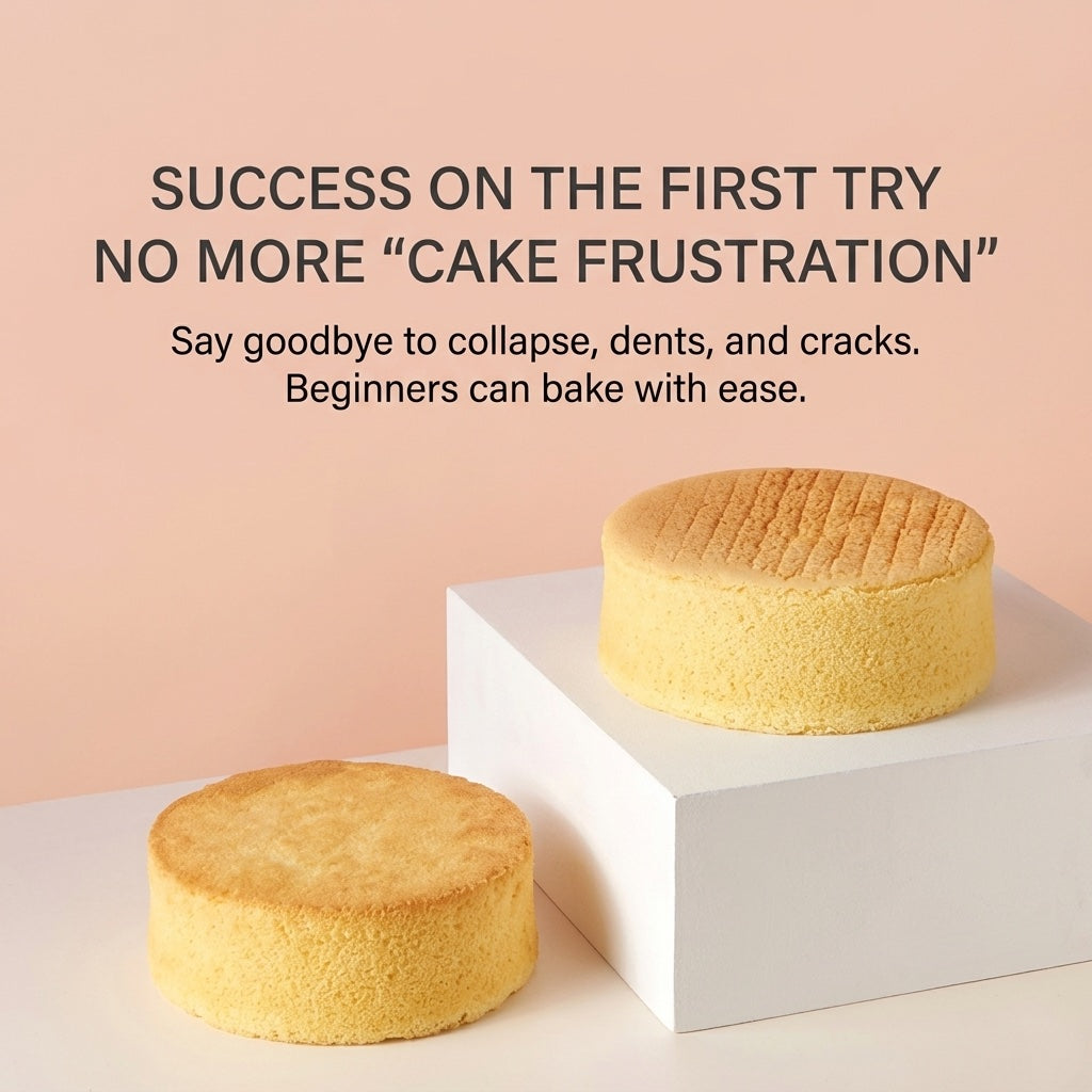 Two round cakes on a white platform with a pink background and text about Sanneng baking success.