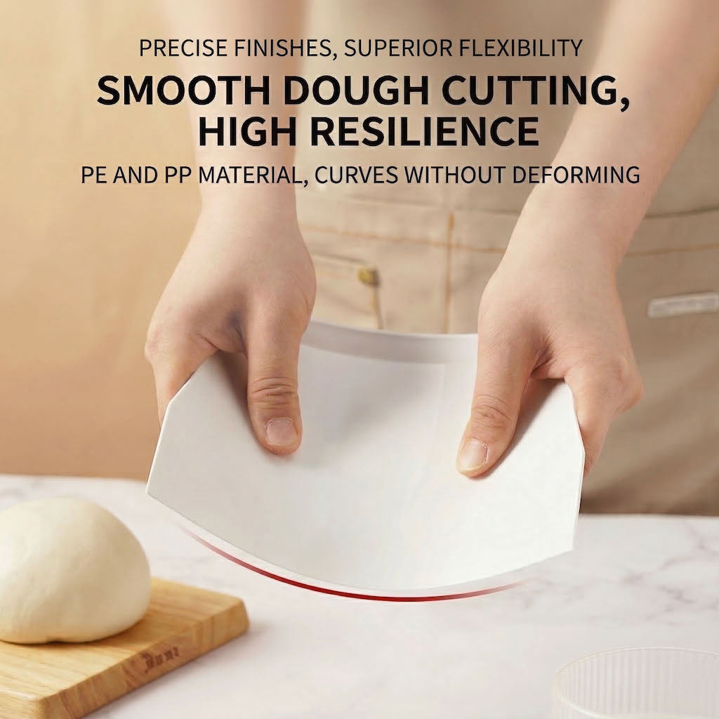 Person using a Sanneng SN4051 dough scraper on a marble countertop with text about material properties.