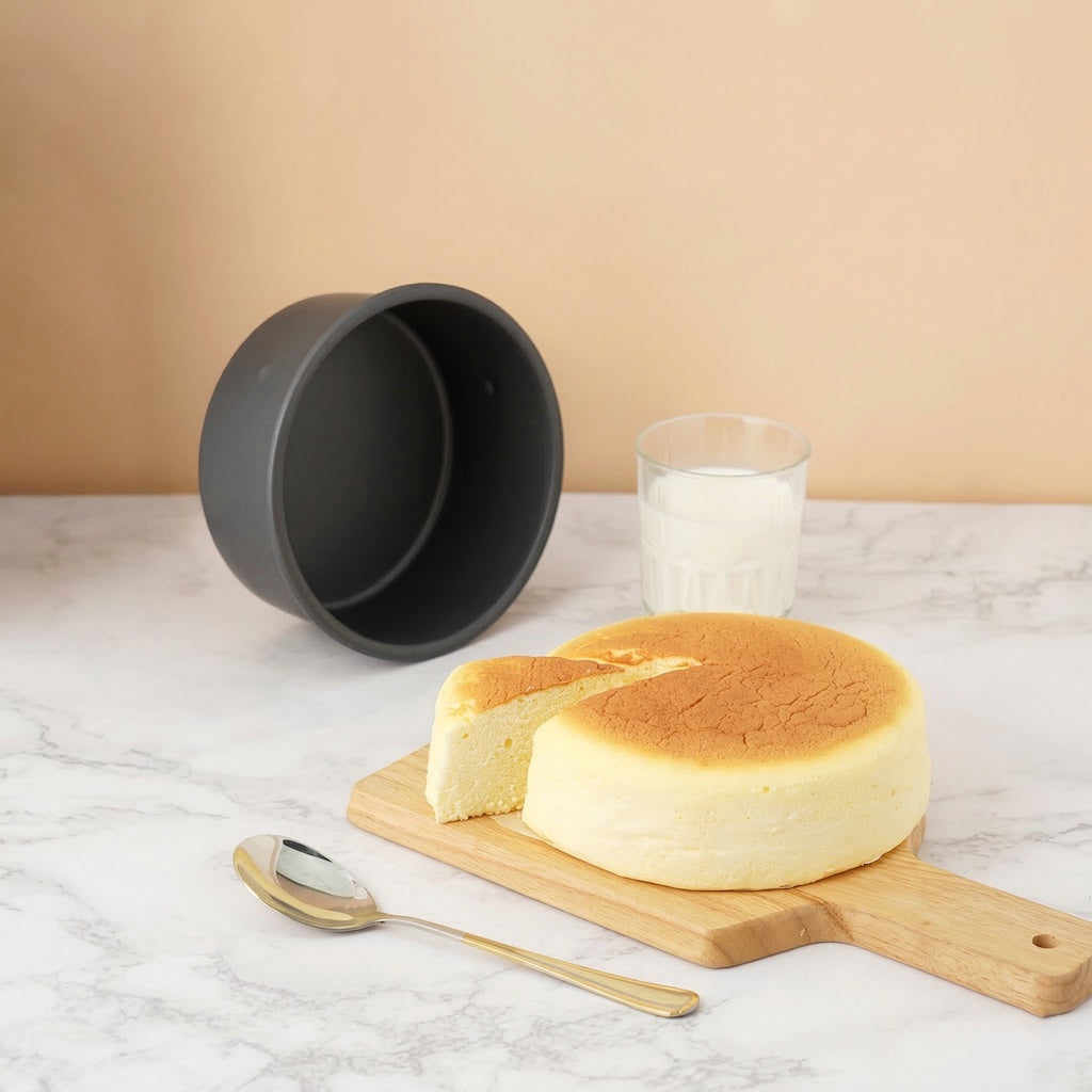 Cheesecake on a wooden board with a Sanneng deep round baking pan and glass of milk in the background.