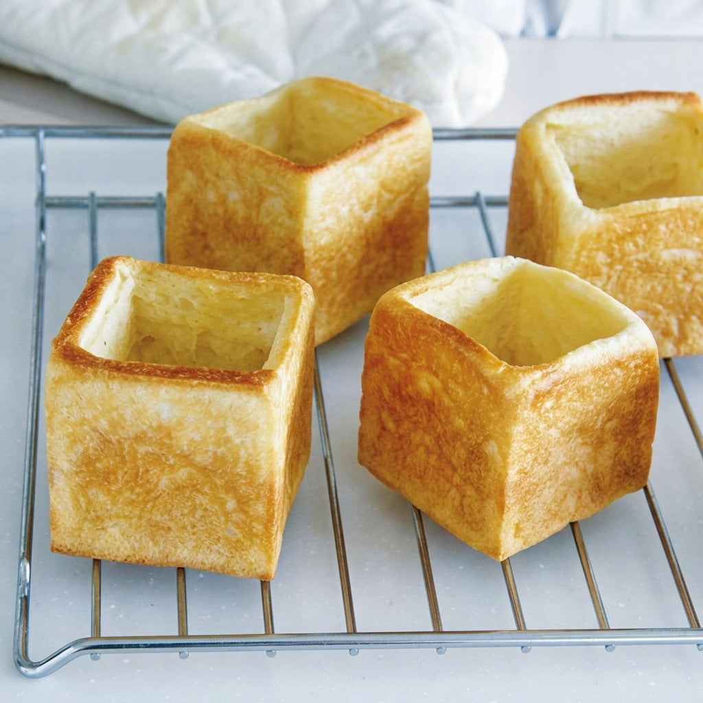 Square bread loaves on a cooling rack with a white background