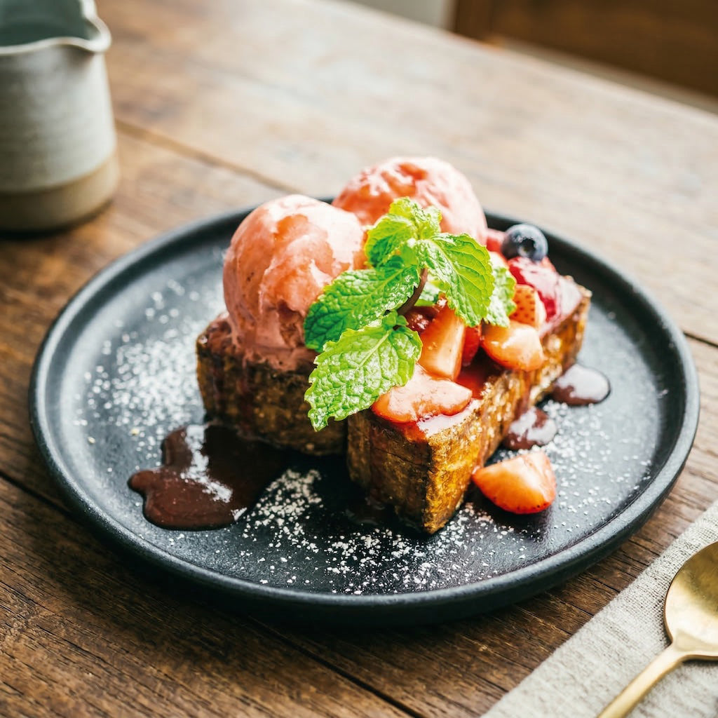 Dessert plate with French toast, ice cream, and berries on a wooden table.