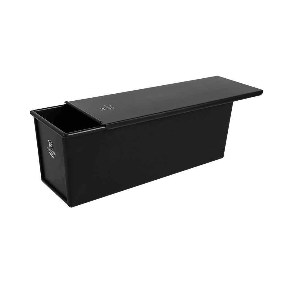 Black rectangular Sanneng non-stick loaf pan with a lid on a white background