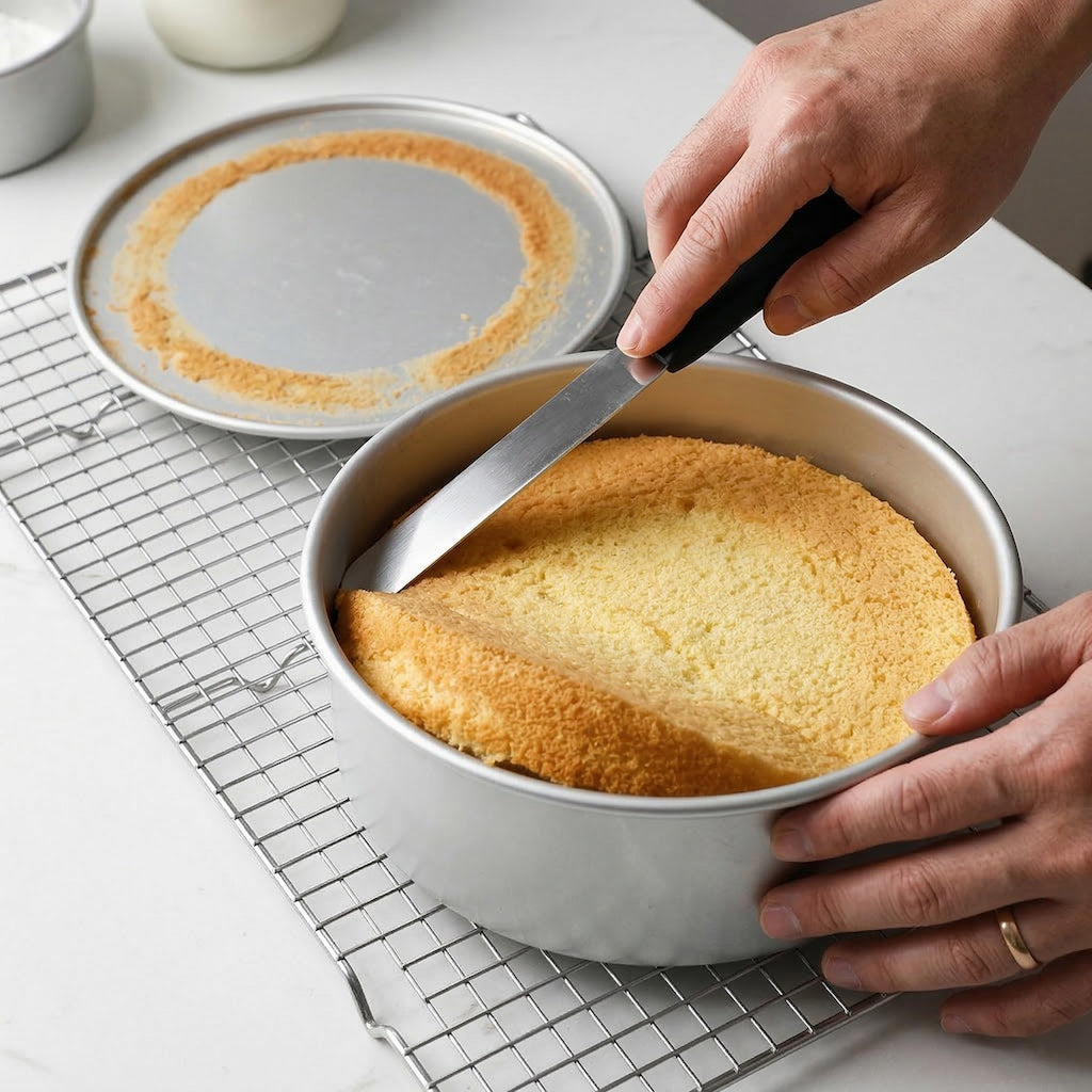 Person cutting a cake with a Sanneng stainless steel cake remover tool on a cooling rack