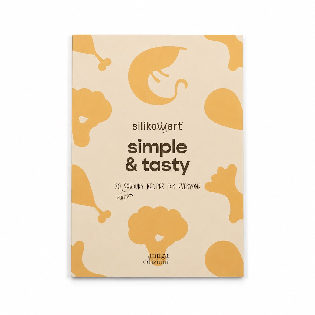 Silikomart 'simple & tasty' cookbook by Antigua & Equagrit, featuring a beige cover with mustard yellow food illustrations and dark brown text.