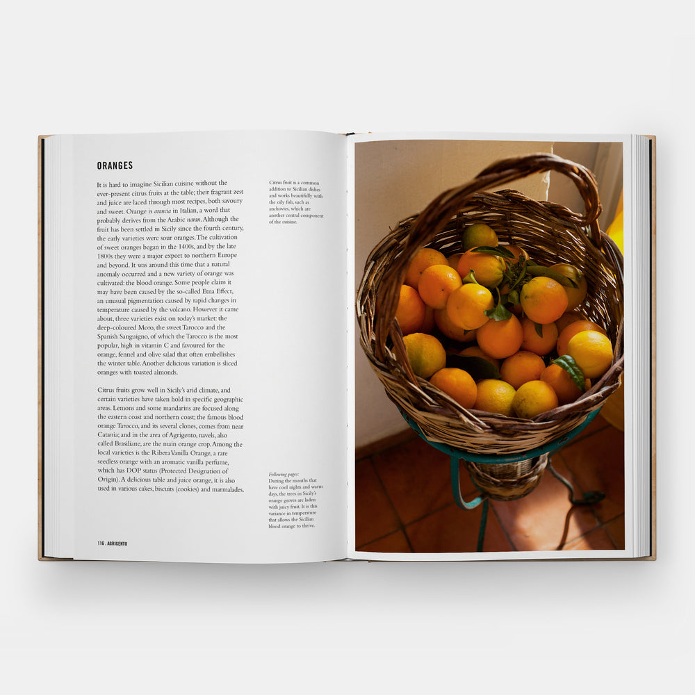 Open book with a photograph of a basket of oranges on a white background